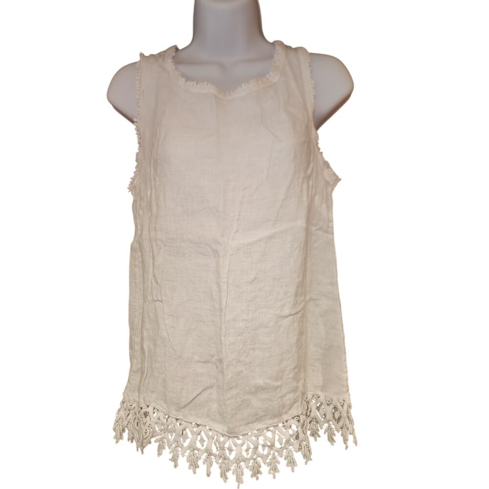 Valentina Naldi 100% Linen White Sleevless Top With Eyelet Trim Sz M‎ Tank